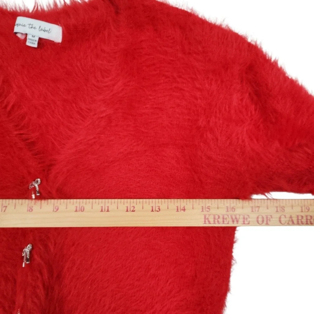 Jacquie The Label Fuzzy Cropped Cardigan M Red Rhinestone Bow Coquette Holiday